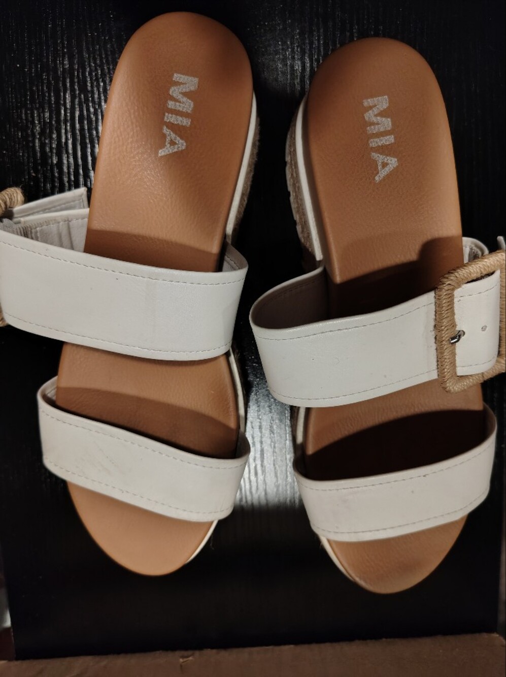 MIA Kenzy White Faux Leather Double Strap Espadrille Platform Slide Sandals